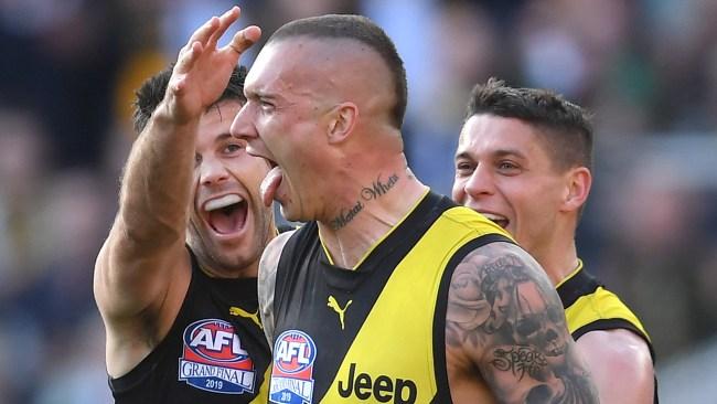 *APAC Sports Pictures of the Week - 2019, September 30* MELBOURNE, AUSTRALIA - SEPTEMBER 28: Dustin Martin of the Tigers celebrates kicking a goal during the 2019 AFL Grand Final match between the Richmond Tigers and the Greater Western Sydney Giants at Melbourne Cricket Ground on September 28, 2019 in Melbourne, Australia. (Photo by Quinn Rooney/Getty Images)