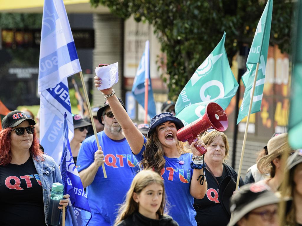 Genevieve Pearson of QTU on the megaphone during the Toowoomba Labour Day March, Saturday, May 3, 2025. Picture: Kevin Farmer