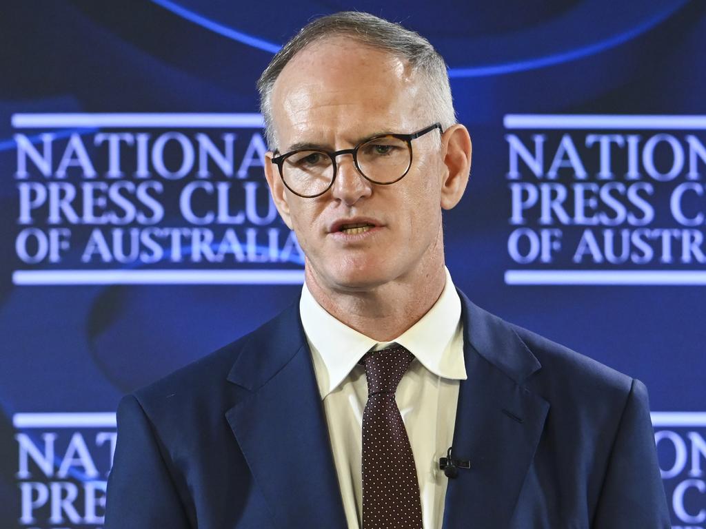 Michael Miller, Executive Chairman of News Corp Australasia, addresses the National Press Club of Australia in Canberra on "Australia and Global Tech: time for a reset". Picture: NCA NewsWire / Martin Ollman
