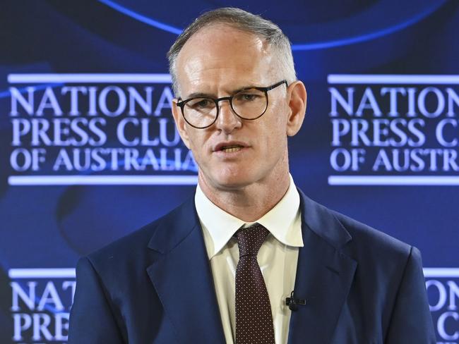 Michael Miller, Executive Chairman of News Corp Australasia, addresses the National Press Club of Australia in Canberra on "Australia and Global Tech: time for a reset". Picture: NCA NewsWire / Martin Ollman