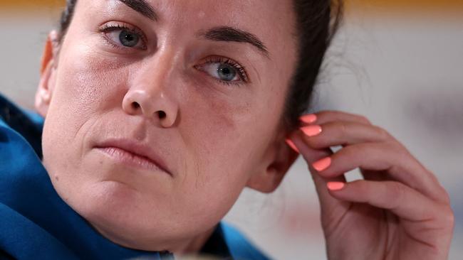 Australia's goalkeeper Arnold MacKenzie gives a press conference at Stadium Australia in Sydney on August 15, 2023 on the eve of the Women's World Cup semi-final football match between Australia and England. (Photo by FRANCK FIFE / AFP)