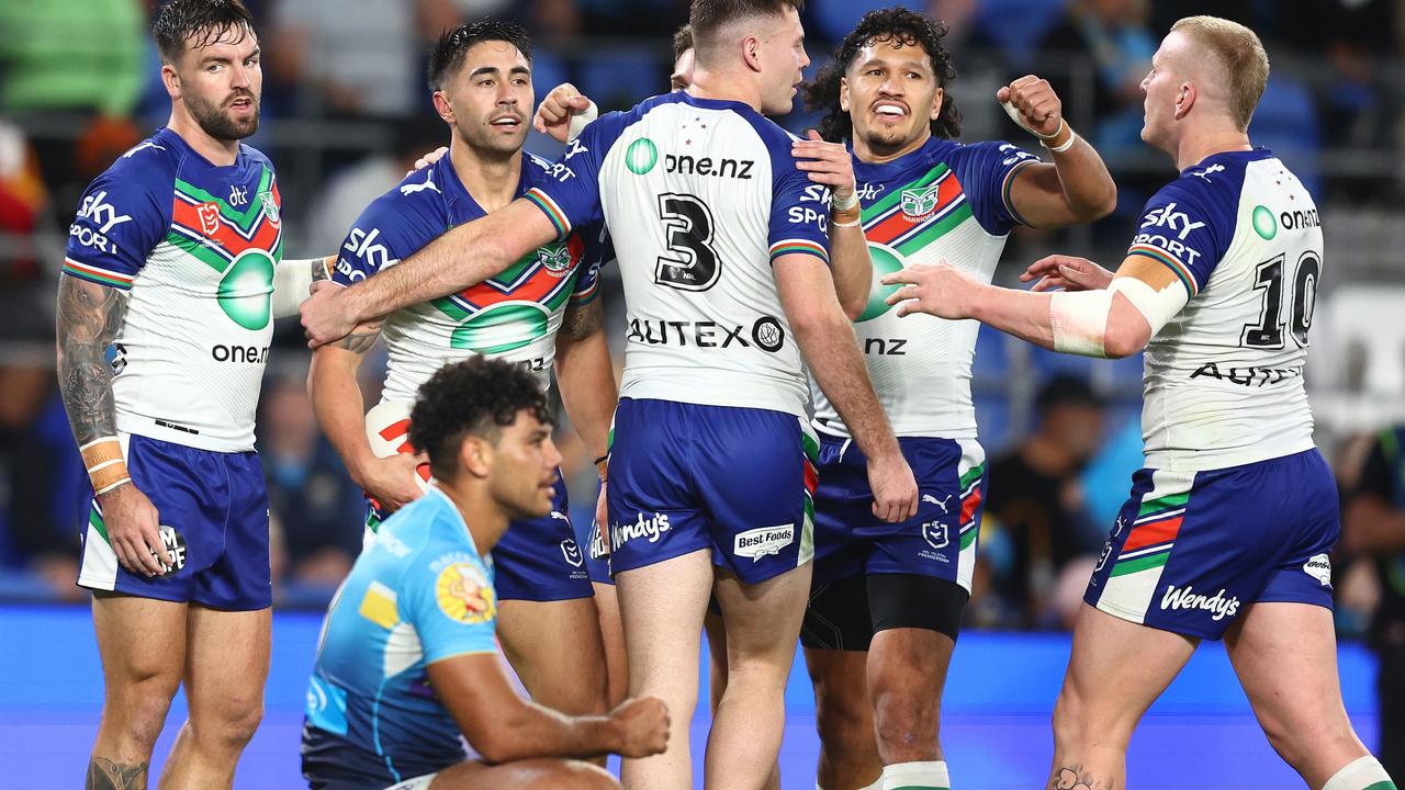 GOLD COAST, AUSTRALIA - AUGUST 04: Shaun Johnson of the Warriors celebrates a try during the round 23 NRL match between Gold Coast Titans and New Zealand Warriors at Cbus Super Stadium on August 04, 2023 in Gold Coast, Australia. (Photo by Chris Hyde/Getty Images)