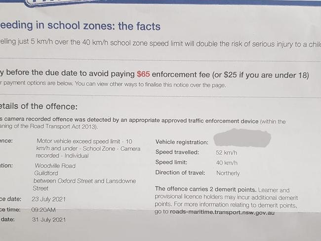 This driver complained after receiving a $205 fine for speeding in a school zone. Picture: Facebook