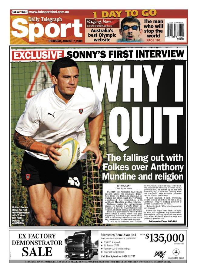 Back page of Sonny Bill Williams’ defection.