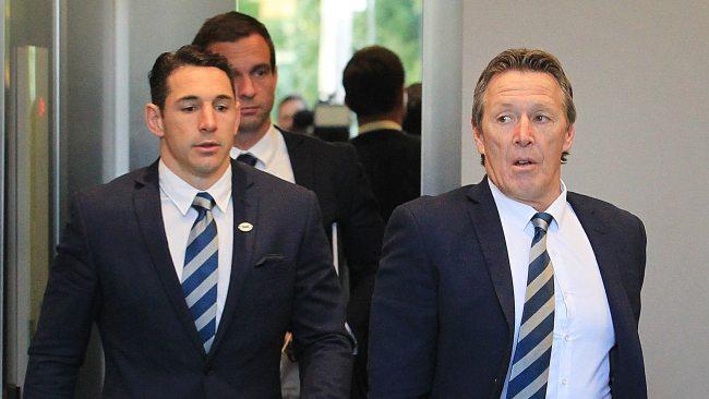 Billy Slater arrives with Craig Bellamy ahead of his judiciary hearing. Picture: Danny Aarons