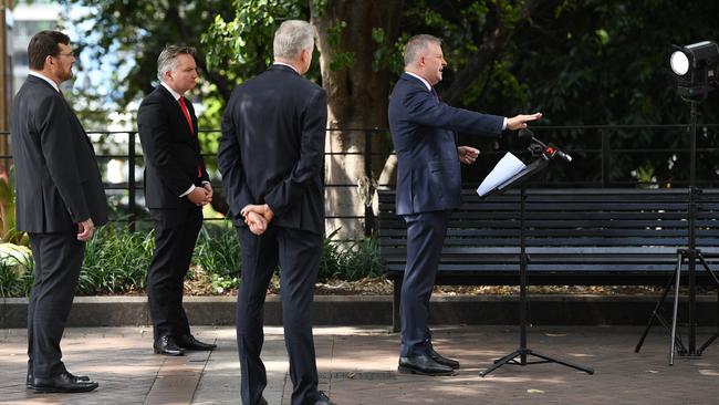 Leader of the Opposition Anthony Albanese (right) speaks to the media during a press conference in Circular Quay, Sydney, on Wednesday. Picture: AAP / Joel Carrett