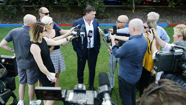 A ‘devastated’ Knights CEO Matt Gidley talks to the media. Picture by Peter Lorimer