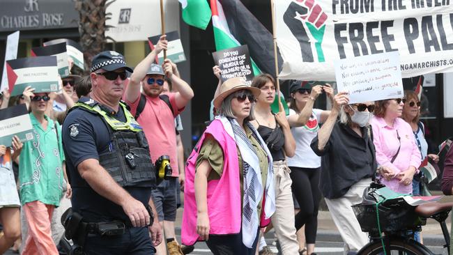 Free Palestine Protest in Little Malop St Geelong then stopping in Malop St then onto Transvaal Square Picture: Mark Wilson