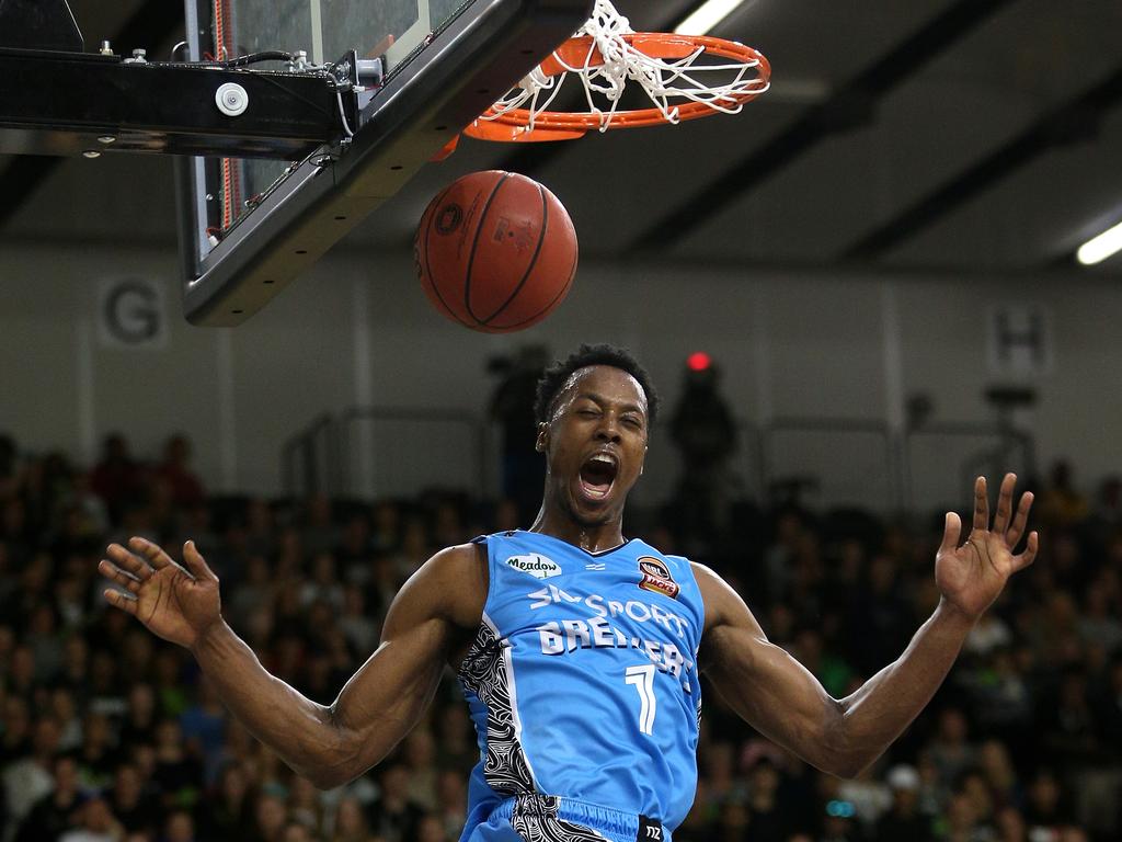 Scotty Hopson of the New Zealand Breakers enjoyed this jam. Picture: AAP Image/Hamish Blair