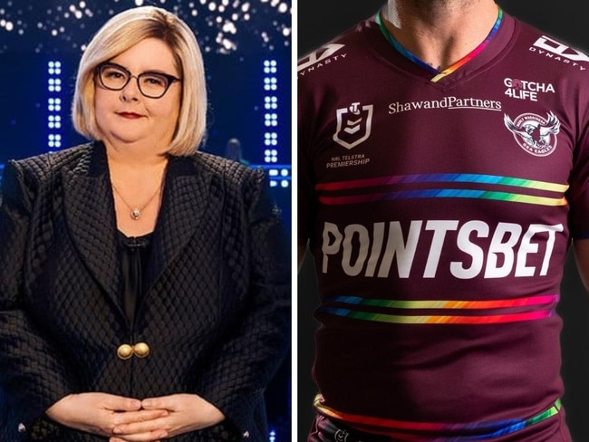 Magda Szubanski and Manly's Pride jumper.