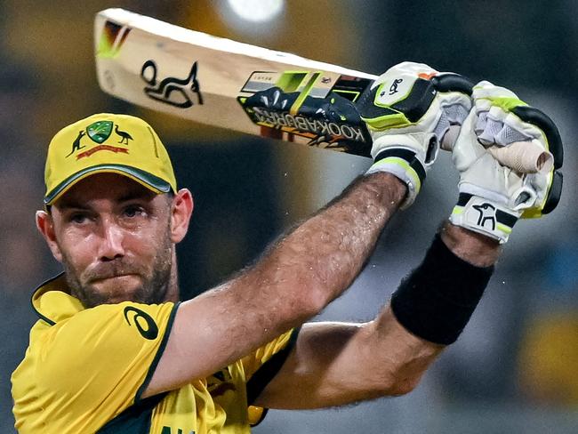 Australia's Glenn Maxwell plays a shot during the 2023 ICC Men's Cricket World Cup one-day international (ODI) match between Australia and Afghanistan at the Wankhede Stadium in Mumbai on November 7, 2023. (Photo by INDRANIL MUKHERJEE / AFP) / -- IMAGE RESTRICTED TO EDITORIAL USE - STRICTLY NO COMMERCIAL USE --