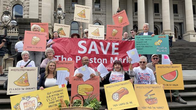 Save Preston Market campaigners and Darebin mayor Julie Williams fighting for the market on the steps of Victorian parliament. (Picture: Olivia Condous)