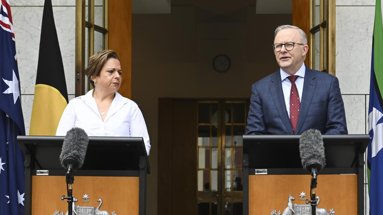 Prime Minister Anthony Albanese and Australia's Communications Minister, Michelle Rowland hold a press conference at Parliament House in Canberra. Picture: NewsWire / Martin Ollman