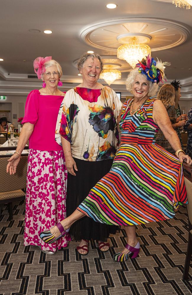 At Hope Horizons Melbourne Cup charity lunch are (from left) Maureen Henderson, Gayle Hogan and Marilyn Carstens, the lunch is hosted by Rotary Club of Toowoomba City at Burke and Wills Hotel, Tuesday, November 5, 2024. Picture: Kevin Farmer