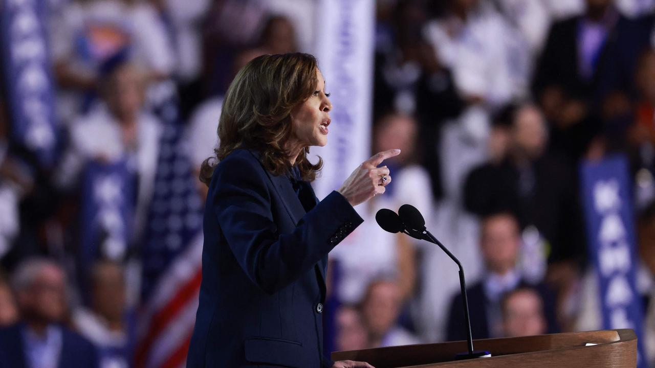 Kamala Harris speaks on stage. Picture: Getty Images via AFP.