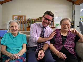 JOKE TIME: Maranoa MP David Littleproud chats with Maurine Master and Carmel May about the needs of aged care residents at Southern Cross Aged Care Allora Homestead. Picture: Michael Nolan