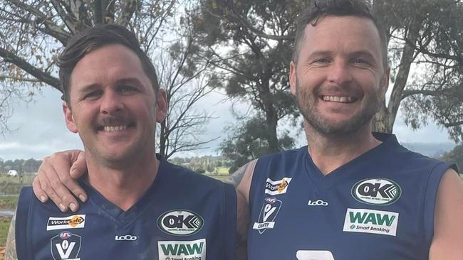 Ben Duffield (left) collapsed after Greta's reserves semi-final on Sunday. He was playing alongside his brother Sam.