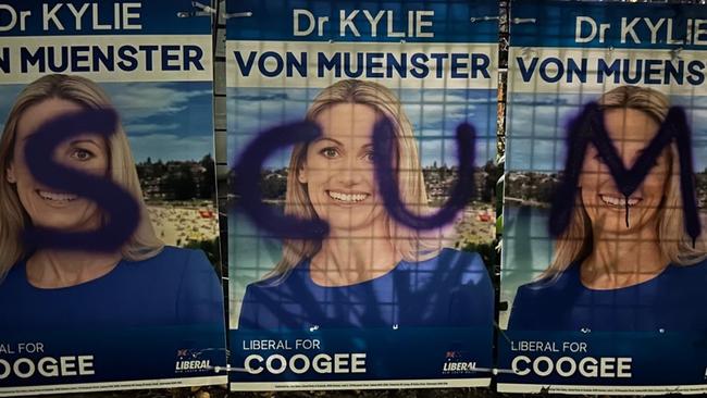 Grafitti'd posters for coogee candidate Kylie von Muenster in Coogee on NSW Election day. Picture: Twitter