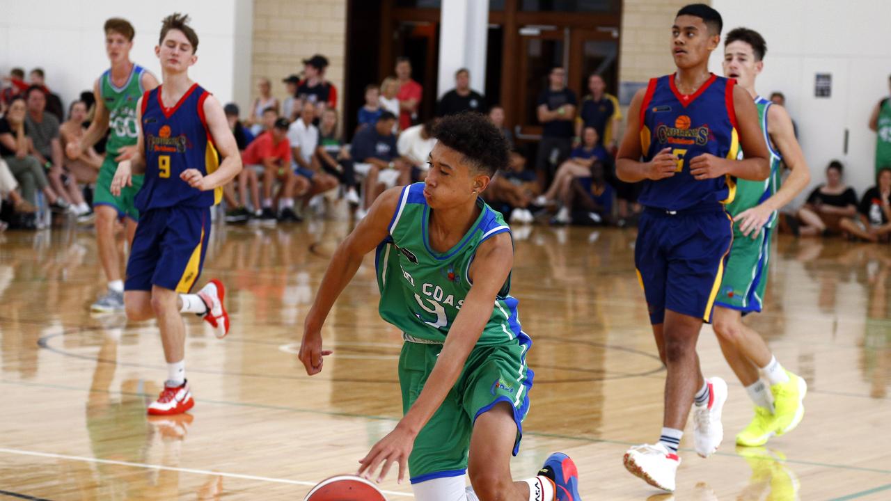 Mathayus Mata'afa of the GC Waves in their game against the Brisbane Capitals during the QLD basketball championships on the Gold Coast. Picture: Tertius Pickard