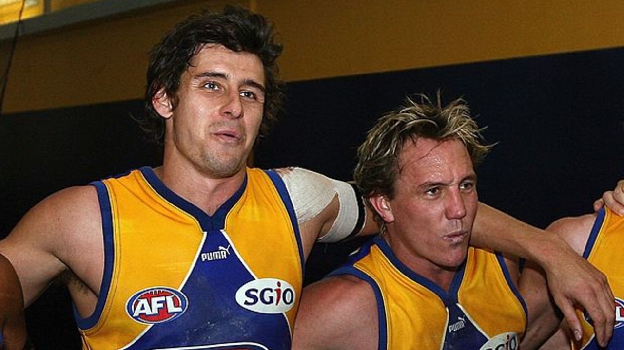 PERTH, AUSTRALIA - JUNE 11: (L-R) David Wirrpanda, Andrew Embley, Daniel Chick and Mark Nicoski of the Eagles celebrate winning the round eleven AFL match between the West Coast Eagles and Carlton Blues at Subiaco Oval June 11,2006 in Perth, Australia. (Photo by Paul Kane/Getty Images)