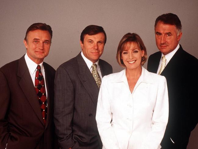 Hayes with the then-team at 60 Minutes Team (L-R) Jeff McMullen, Charles Wooley, and Richard Carleton.