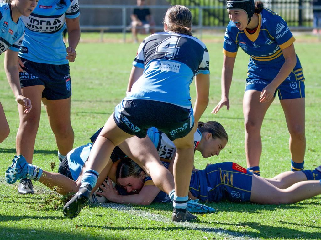 Ashlee Pottinger crashes over for the Eels during the season. Picture: :Thomas Lisson