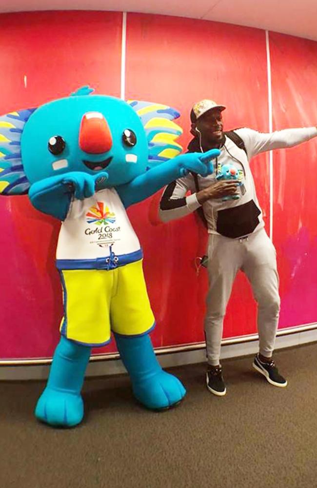 Commonwealth Games mascot Boroni and Jamaican sprint legend Usain Bolt strike a pose.