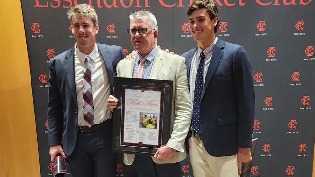 Essendon Hall of Fame inductee with sons Tom and James. Picture: Ben Higgins