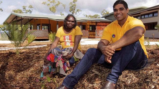 Djapirri Mununggirritj, left, and Gapirri Yunupingu prepare for the opening of the Garma Cultural Knowledge Centre. Picture: Amos Aikman