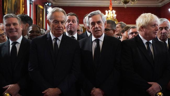 Labour leader Keir Starmer (L), former British Prime ministers Tony Blair (2L), Gordon Brown (3R), and Boris Johnson (2R), gather ahead of the Accession Council ceremony inside St James's Palace. Picture: Kirsty O'Connor/Pool/AFP