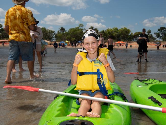 Leila Huffman competes for Junior Ironman at the Darwin Beer Can Regatta at Mindil Beach, 2024. Picture: Pema Tamang Pakhrin