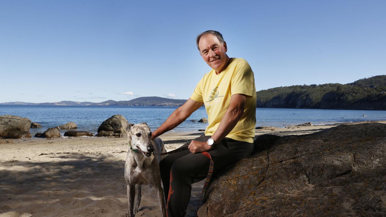 Peter Gee with is greyhound Laddie. Peter Gee former sports broadcaster is the latest high-profile Tasmanian to step forward as an ambassador for the campaign to end taxpayer funded greyhound racing in Tasmania. Picture: Nikki Davis-Jones