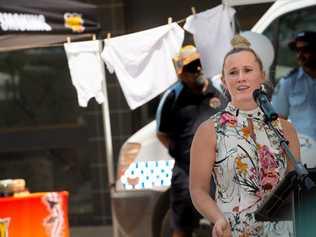 Dr Angela Jay speaks at the Dirty Laundry rally in Coffs Harbour's City Square. Picture: Trevor Veale