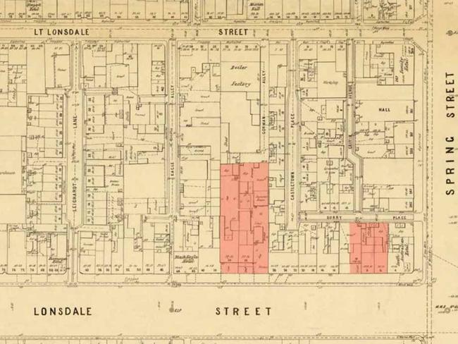 A map showing the locations of Madame Brussel’s brothels on Lonsdale Street. Picture: State Library Victoria.