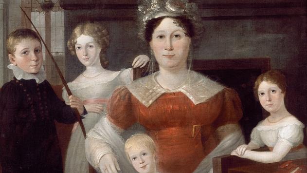 Mary Ann Piper and some of her children, circa 1826, in the grand interior of the palatial family home. Picture: State Library NSW