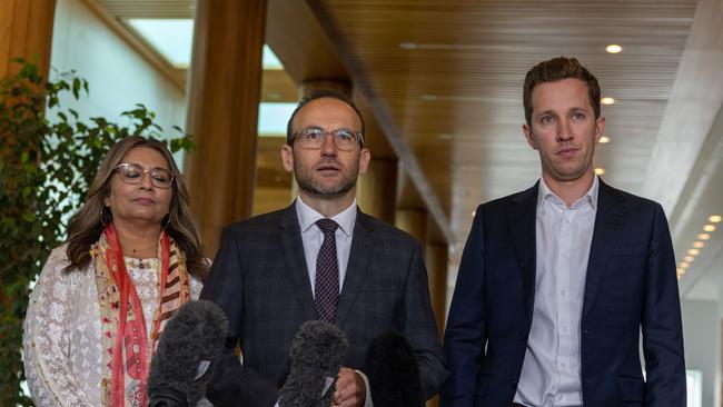 Mehreen Faruqi, Adam Bandt and Max Chandler-Mather speak to the media at a press conference in Parliament House in Canberra. Picture: NCA NewsWire / Gary Ramage