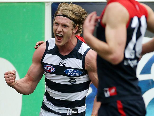 Geelong's Josh Caddy celebrates a goal.