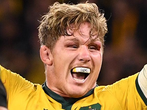 Michael Hooper of the Wallabies reacts towards All Black players after Marika Koroibete scored a try during the Bledisloe Cup match between the Australian Wallabies and the New Zealand All Blacks at Optus Stadium in Perth, Saturday, August 10, 2019.  (AAP Image/Dave Hunt) NO ARCHIVING, EDITORIAL USE ONLY