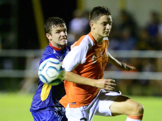 Emlyn Wellsmore (right) has joined the Knights from Brisbane Roar Youth. Picture: Evan Morgan