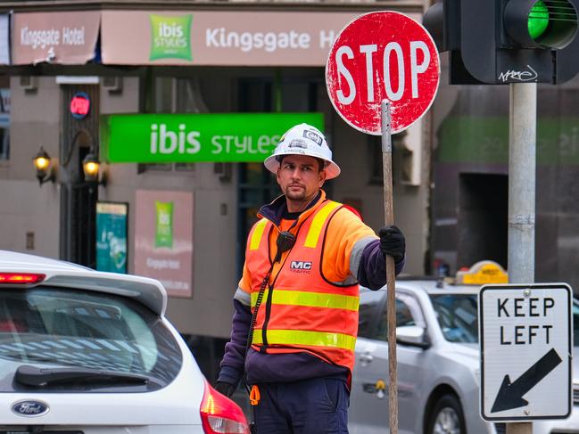 MELBOURNE AUSTRALIA - NewsWire Photos JULY 1, 2023: Construction workers are seen during upgrades causing disruption to city traffic for the next few months.Picture: NCA NewsWire / Luis Enrique Ascui