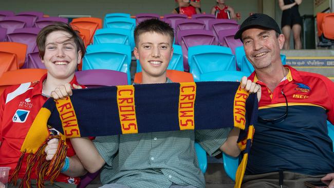 Noah O’Dwyer, Joshua Alber and Dirk Alber at the Gold Coast Suns AFL match vs Adelaide Crows at TIO Stadium Pic: Pema Tamang Pakhrin