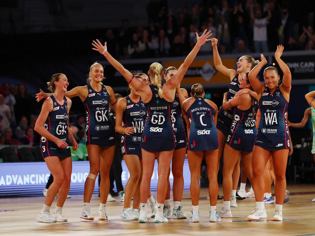 MELBOURNE, AUSTRALIA - JULY 27: The Vixens celebrate victory in the Super Netball Preliminary Final match between Melbourne Vixens and West Coast Fever at John Cain Arena on July 27, 2024 in Melbourne, Australia. (Photo by Graham Denholm/Getty Images)