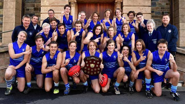 Sacred Heart celebrates its Messenger Shield college football premiership. Picture: Keryn Stevens