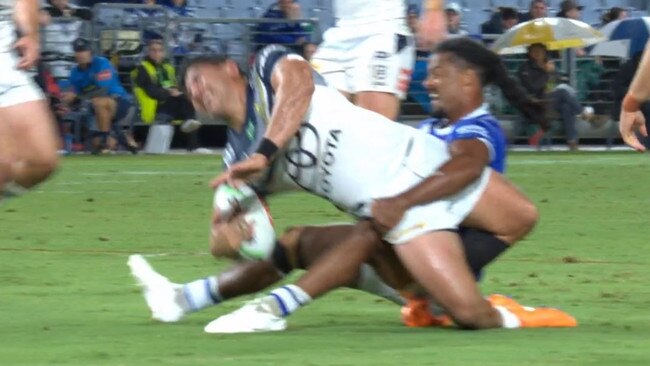 Jason Taumaolo twisted in a hip drop tackle by Jayden Okunbor.