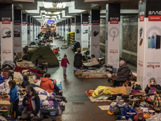 Residents, some who have been there since the start of the invasion, shelter in a subway station in Kharkiv, Ukraine. Picture: Getty Images