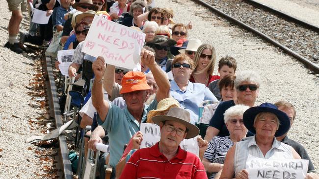 People gather at the Mildura train station to show their support for the return of a passenger service after the 1993 axing. Picture: supplied