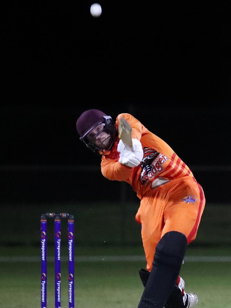 Piccones Badgers batsman Jake Roach hit 4 sixes in the Barrier Reef Big Bash grand final match against the Twomey Schrieber Thunder at Griffiths Park, Manunda. Picture: Brendan Radke