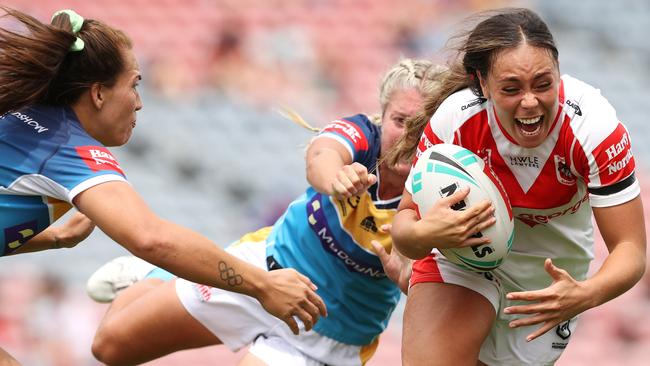 Taliah Fuimaono in the thick of the action in Round One of the 2022 NRLW season against the Gold Coast Titans at McDonald Jones Stadium, on February 27, 2022, in Newcastle, Australia. (Photo by Ashley Feder/Getty Images)