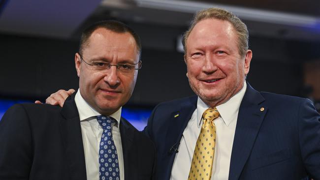 Ukraine’s ambassador to Australia Vasyl Myroshnychenko and Andrew Forrest at the National Press Club of Australia in Canberra. Picture: NCA NewsWire/Martin Ollman