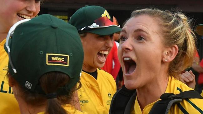 SA softballer Belinda White celebrates after being part of the Australian team that qualified for the 2020 Olympics. Picture - Supplied, Softball Australia